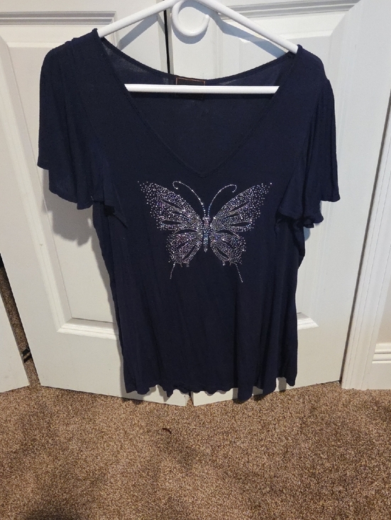 Amana Tops - Women's Navy V-Neck Butterfly Rhinestone Tunic